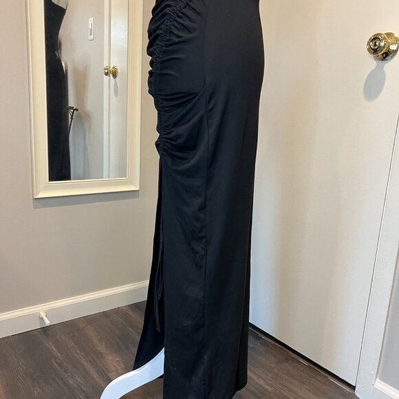 Chic Me Black Ladder cutout Slit Gold Buckle Ruched bodycon Dress, Size Medium - Picture 10 of 16